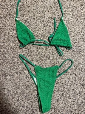 Green Textured Two-Piece thong Bikini Set